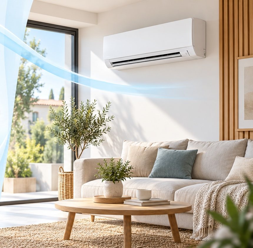 Climatiseur mural dans un salon lumineux
