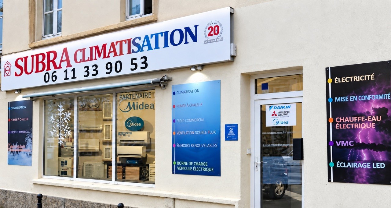 Vitrine du showroom SUBRA Climatisation, 6 place des Pyrénées à Narbonne